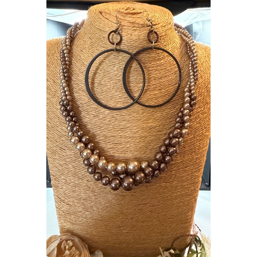 Roman Bronze Faux Pearl Double Strand Necklace & Large Hoop Earring Set RMN